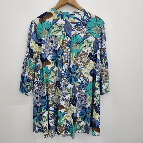 Umgee Womens Boho Floral Tunic Dress Size M Multicolor Bell Sleeve Keyhole Neck - Picture 4 of 14